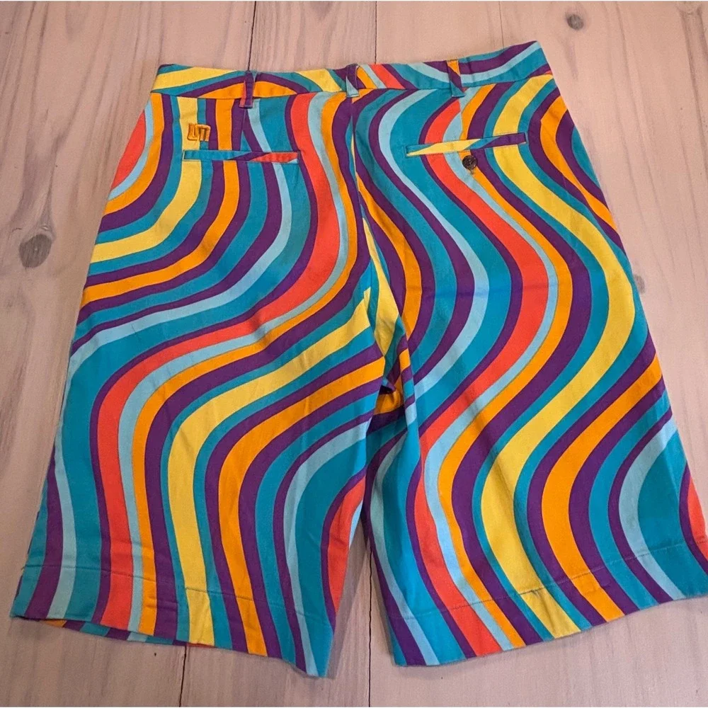 Loudmouth Golf Shorts Mens 36 Multicolor Wavy Psychedelic Stripe Cotton Stretch